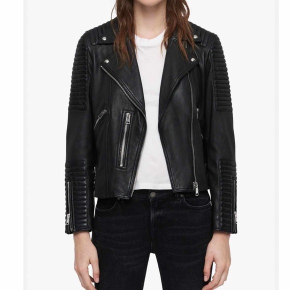 All Saints Estella Biker Moto Lamb Leather Crop Jacket Size 2 Black - Picture 3 of 13